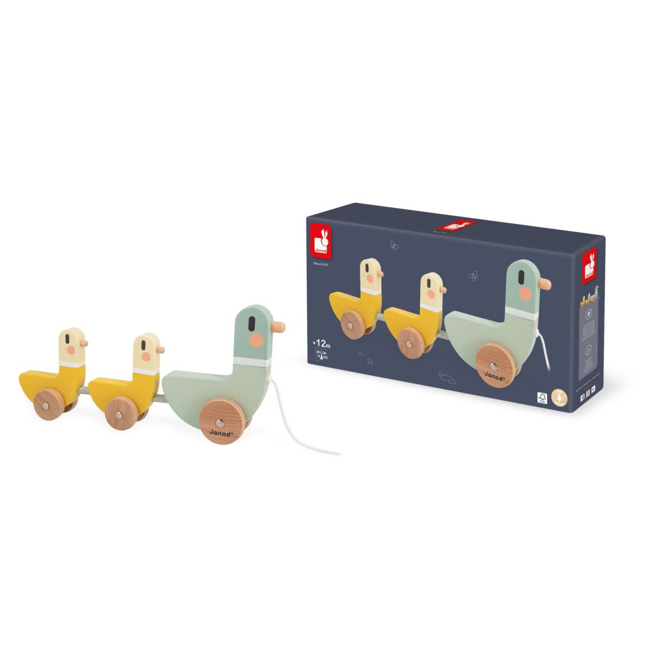 FAMILIA DE PATOS - JUGUETE DE ARRASTRE DE MADERA -