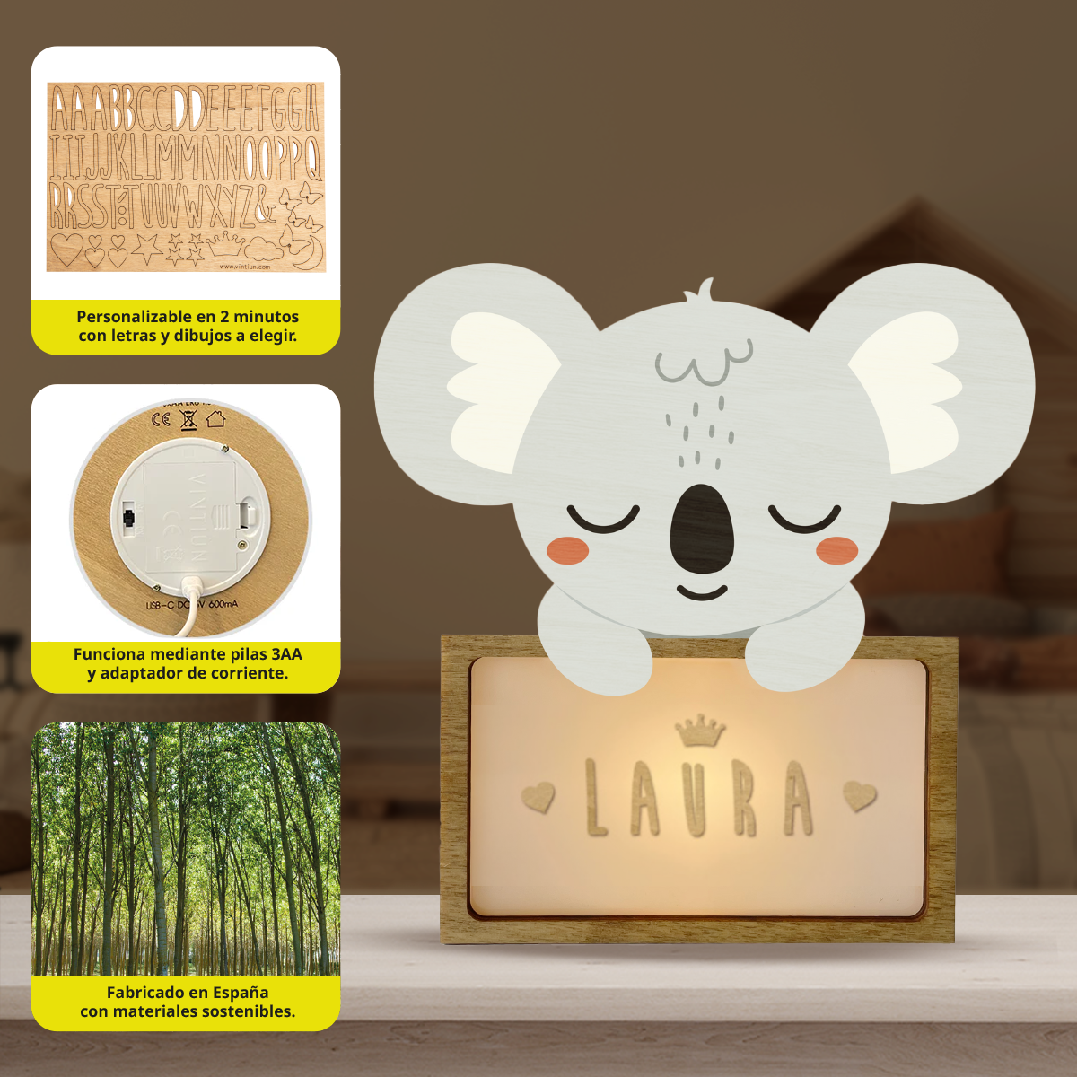 LÁMPARA PEQUEÑA KOALA - CON KIT DE LETRAS