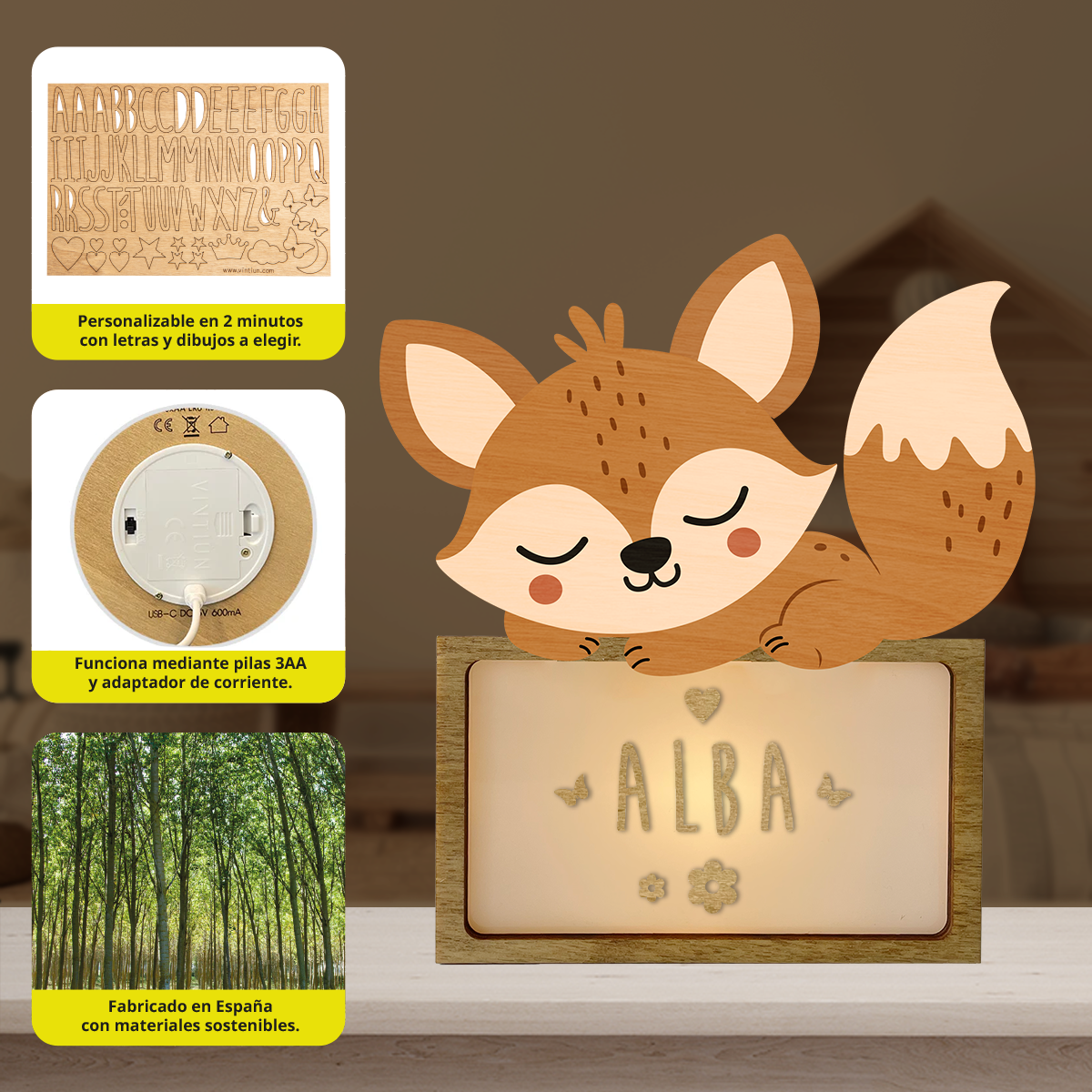 LÁMPARA PEQUEÑA ZORRO - CON KIT DE LETRAS