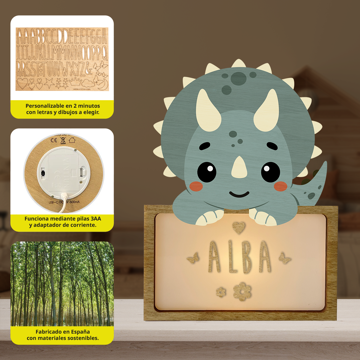 LÁMPARA PEQUEÑA DINOSAURIO - CON KIT DE LETRAS PERSONALIZABLE -