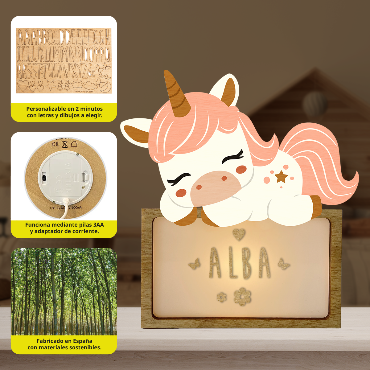 LÁMPARA PEQUEÑA UNICORNIO - CON KIT DE LETRAS PERSONALIZABLE-