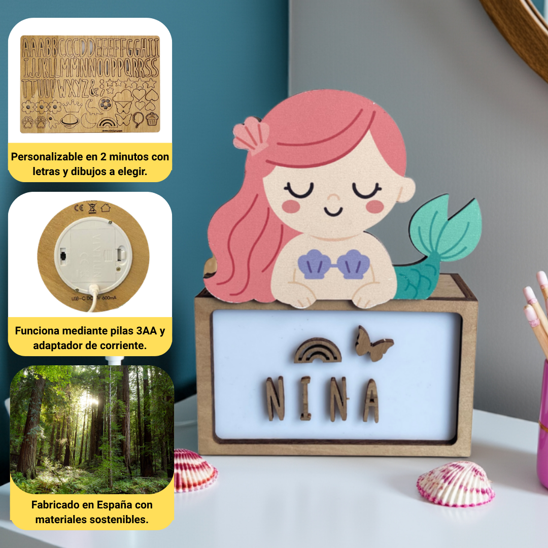 LÁMPARA PEQUEÑA SIRENA- CON KIT DE LETRAS PERSONALIZABLE -