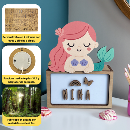 LÁMPARA PEQUEÑA SIRENA- CON KIT DE LETRAS PERSONALIZABLE -
